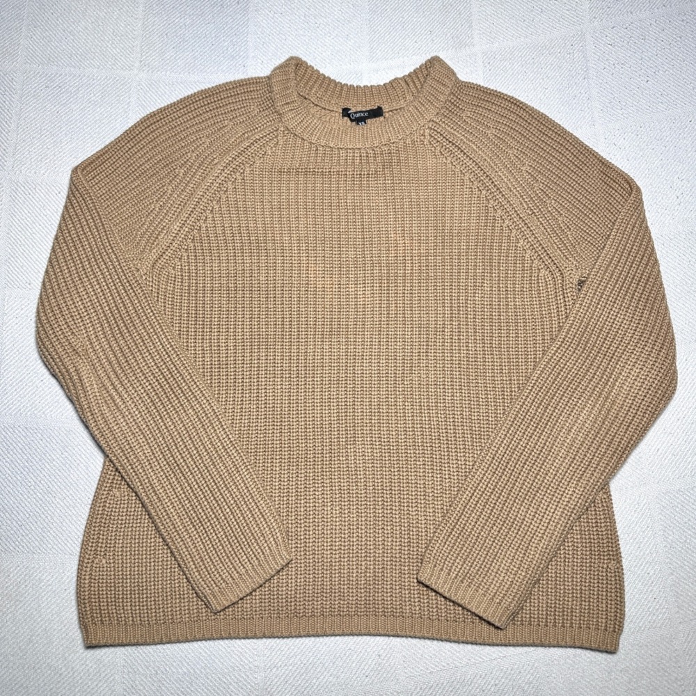 Quince Fisherman Crew Sweater Womens XS Organic Cotton Knit Camel Brown Coastal